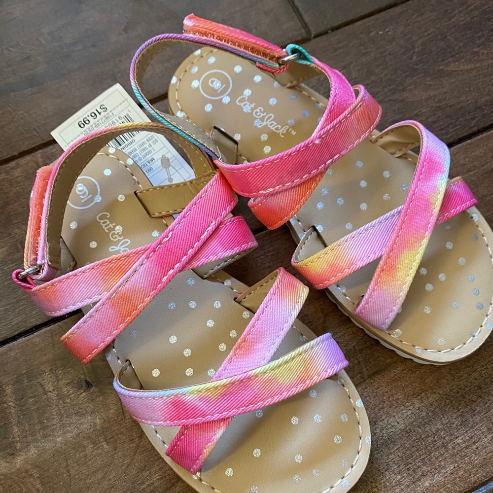 Toddler Peace Ankle Strap Sandals Tie Pink Orange - Picture 2 of 4